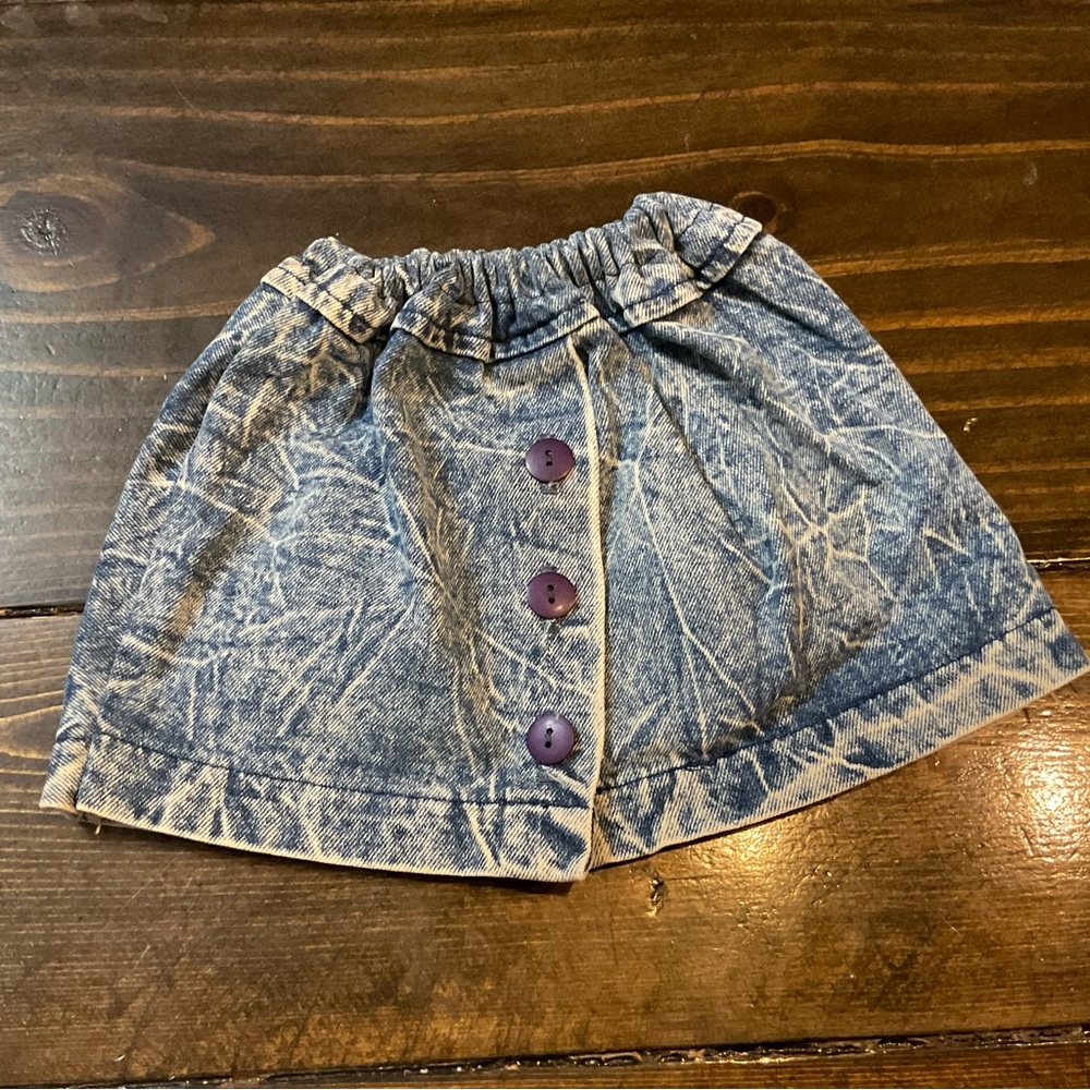 Vintage Homemade Denim Blue Kids Skirt with Purple Buttons